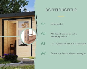 Karibu Hybrid-Gartenhaus Pluto A + 3m Anbaudach - 28mm Elementhaus -  Gartenhaus Lounge - Flachdach - natur/staubgrau