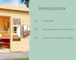 Karibu Holz-Gartenhaus Trittau 4 + 3,3m Anbaudach + Rückwand + Seitenwand - 38mm Blockbohlenhaus - Gartenhaus Lounge - Pultdach - natur