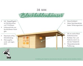 Karibu Holz-Gartenhaus Trittau 4 + 3,3m Anbaudach + Rückwand + Seitenwand - 38mm Blockbohlenhaus - Gartenhaus Lounge - Pultdach - natur