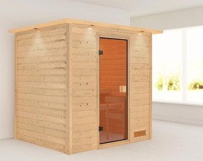 Karibu Innensauna Anja + Dachkranz + 9kW Bio-Kombiofen + externe Steuerung Easy bio - 38mm Blockbohlensauna - Ganzglastür bronziert