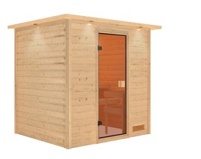 Karibu Innensauna Anja + Dachkranz + 9kW Bio-Kombiofen + externe Steuerung Easy bio - 38mm Blockbohlensauna - Ganzglastür bronziert
