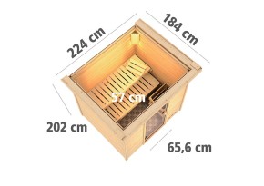 Karibu Innensauna Anja + Dachkranz + 9kW Bio-Kombiofen + externe Steuerung Easy bio - 38mm Blockbohlensauna - Ganzglastür bronziert