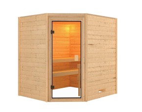 Karibu Innensauna Mia + 9kW Bio-Kombiofen + externe Steuerung Easy bio - 38mm Blockbohlensauna - Ganzglastür bronziert - Ecksauna