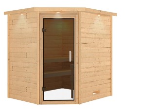 Karibu Innensauna Mia + Dachkranz + 9kW Saunaofen + externe Steuerung - 38mm Blockbohlensauna - Ganzglastür graphit - Ecksauna