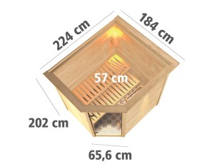 Karibu Innensauna Mia + Dachkranz + 9kW Saunaofen + externe Steuerung - 38mm Blockbohlensauna - Ganzglastür graphit - Ecksauna
