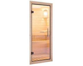 Karibu Innensauna Mia + 9kW Bio-Kombiofen + externe Steuerung Easy bio - 38mm Blockbohlensauna - Ganzglastür klar - Ecksauna