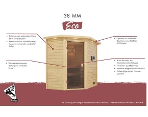 Karibu Innensauna Mia + 9kW Bio-Kombiofen + externe Steuerung Easy bio - 38mm Blockbohlensauna - Ganzglastür klar - Ecksauna
