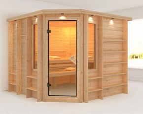 Karibu Innensauna Marona + 2 Fenster + Premium-Ausstattung + Dachkranz - 38mm Massivholzsauna - Ecksauna