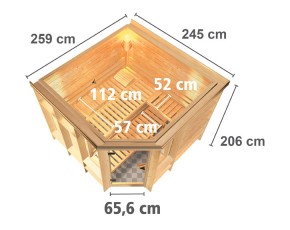 Karibu Innensauna Marona + 2 Fenster + Premium-Ausstattung + Dachkranz - 38mm Massivholzsauna - Ecksauna