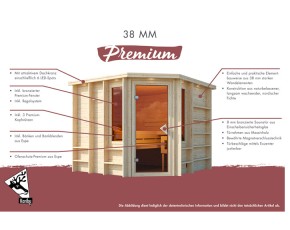 Karibu Innensauna Marona + 2 Fenster + Premium-Ausstattung + Dachkranz - 38mm Massivholzsauna - Ecksauna