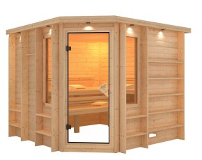 Karibu Innensauna Marona + 2 Fenster + Premium-Ausstattung + Dachkranz - 38mm Massivholzsauna - Ecksauna