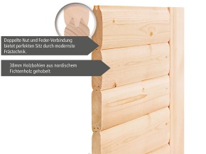 Karibu Innensauna Sahib 2 + Comfort-Ausstattung + Dachkranz - 40mm Blockbohlensauna - Ganzglastür bronziert - Ecksauna