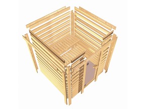 Karibu Innensauna Sahib 2 + Comfort-Ausstattung + Dachkranz - 40mm Blockbohlensauna - Ganzglastür bronziert - Ecksauna