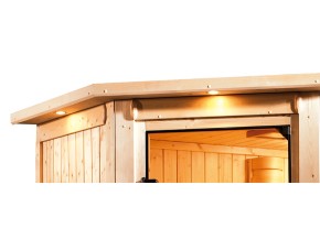 Karibu Innensauna Lilja + Dachkranz - 68mm Elementsauna - Ganzglastür bronziert - 230V Sauna - Ecksauna