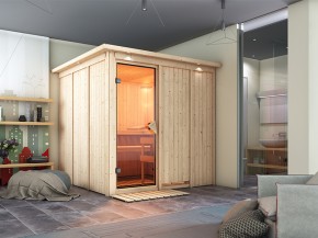 Karibu Innensauna Rodin + Dachkranz + 9kW Saunaofen + integrierte Steuerung - 68mm Elementsauna - Ganzglastür bronziert