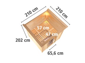 Karibu Innensauna Rodin + Dachkranz + 9kW Saunaofen + integrierte Steuerung - 68mm Elementsauna - Ganzglastür bronziert