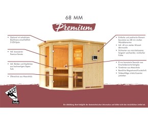 Karibu Innensauna Fiona 3 + Fenster + Dachkranz + 9kW Bio-Kombiofen + externe Steuerung - 68mm Elementsauna - Ganzglastür bronziert - Ecksauna