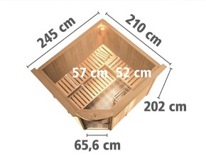 Karibu Innensauna Fiona 3 + Fenster + Dachkranz + 9kW Bio-Kombiofen + externe Steuerung - 68mm Elementsauna - Ganzglastür bronziert - Ecksauna