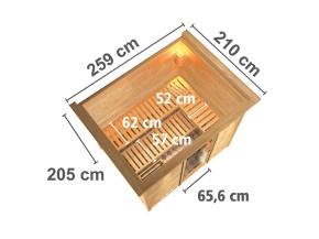 Karibu Innensauna Sonara + Comfort-Ausstattung + Dachkranz + 9kW Saunaofen + externe Steuerung Easy - 40mm Massivholzsauna - Ganzglastür bronziert