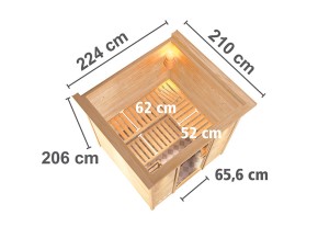 Karibu Innensauna Mojave + Comfort-Ausstattung + Dachkranz + 9kW Saunaofen + integrierte Steuerung - 40mm Blockbohlensauna - Ganzglastür graphit