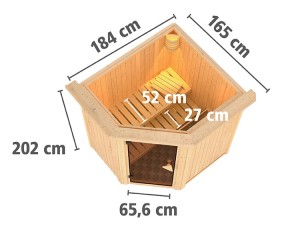 Karibu Innensauna Tonja + Dachkranz - 68mm Elementsauna - Ganzglastür bronziert - Ecksauna - 230V Sauna